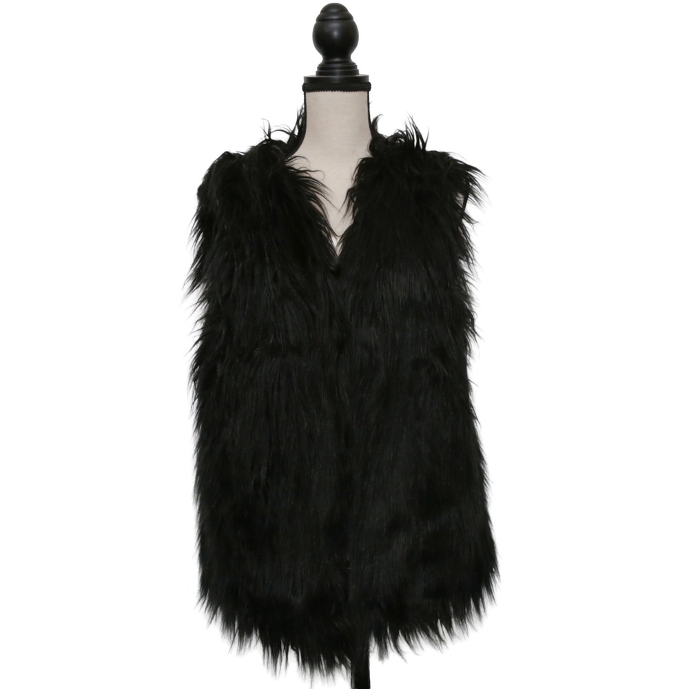 Weekend Love Faux Fur Vest Large Women Black New Shaggy Open Front 990471